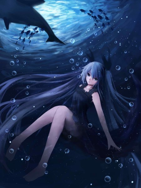 Anime picture 1500x2000 with vocaloid shinkai shoujo (vocaloid) hatsune miku single long hair tall image blue eyes twintails blue hair barefoot bare legs legs underwater girl dress animal black dress sundress bubble (bubbles) fish (fishes)