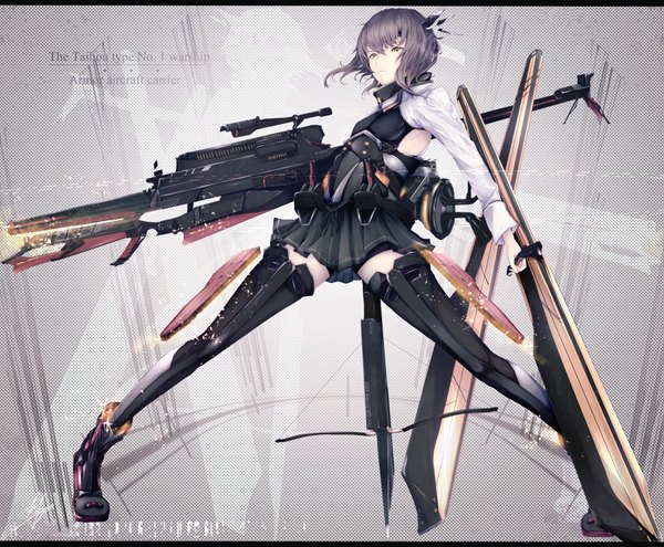 Anime picture 2030x1678 with kantai collection taihou armored aircraft carrier marumoru single highres short hair yellow eyes looking away grey hair girl skirt hair ornament weapon sword boots