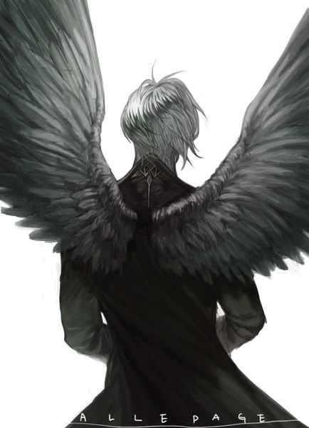 Anime picture 1062x1466 with original alle page single tall image short hair simple background white background signed grey hair from behind back angel wings boy wings cloak