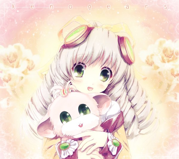 Anime picture 1200x1071 with original aruciii long hair looking at viewer blush open mouth green eyes white hair drill hair girl dress hair ornament flower (flowers) ribbon (ribbons) hair ribbon toy stuffed animal