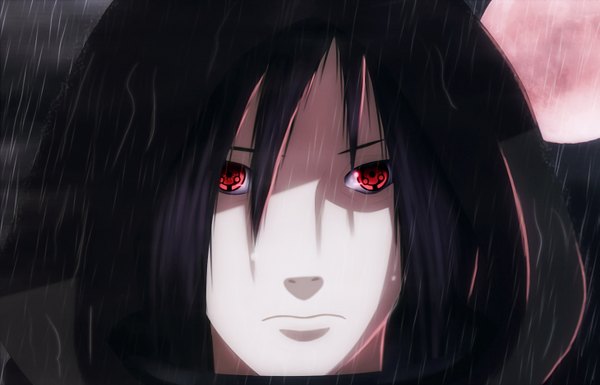 Anime picture 2917x1875 with naruto studio pierrot naruto (series) uchiha madara anvmadara single looking at viewer fringe highres lips night coloring rain sharingan red moon boy hood moon full moon