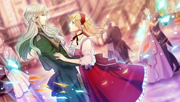 Anime picture 1100x624 with chronostacia idea factory lucia (chronostacia) holic sol tagme (artist) long hair fringe blue eyes blonde hair smile wide image game cg couple dancing girl boy hair ornament ribbon (ribbons) people debris