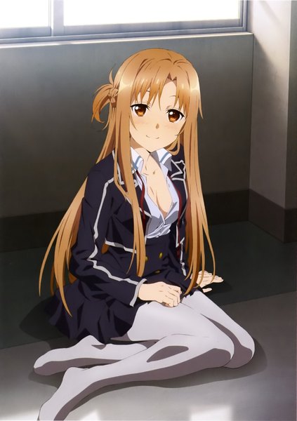 Anime picture 1597x2266 with sword art online a-1 pictures yuuki asuna single long hair tall image looking at viewer light erotic brown hair brown eyes light smile scan official art open shirt girl uniform school uniform shirt pantyhose white pantyhose