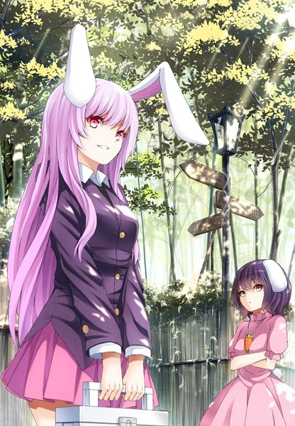 Anime picture 1250x1800 with touhou reisen udongein inaba inaba tewi mikoma sanagi long hair tall image black hair red eyes multiple girls purple hair bunny ears bunny girl girl dress skirt 2 girls plant (plants) tree (trees)