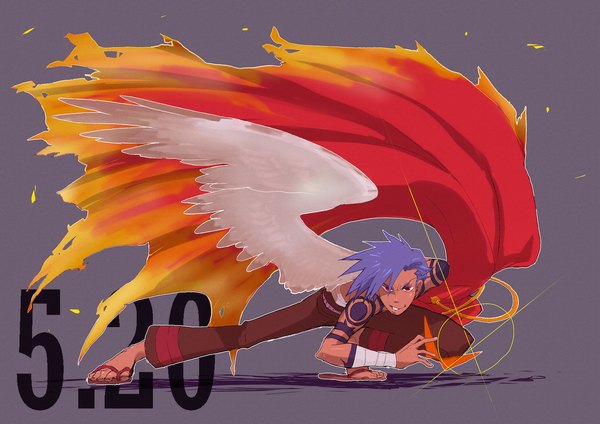 Anime picture 1414x1000 with tengen toppa gurren lagann gainax kamina shio mokkori single short hair simple background red eyes blue hair inscription grey background tattoo torn clothes topless angel wings single wing boy wings cloak bandage (bandages)