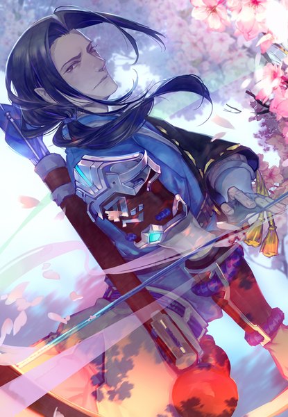 Anime picture 727x1050 with overwatch blizzard entertainment hanzo (overwatch) nakii single long hair tall image black hair purple eyes traditional clothes japanese clothes wind cherry blossoms low ponytail alternate hairstyle boy petals tassel alcohol arrow (arrows)
