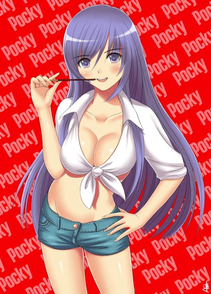 Anime picture 2480x3444 with original xiao lian single long hair tall image highres breasts open mouth light erotic large breasts purple eyes signed purple hair pocky day girl shirt food shorts sweets pocky