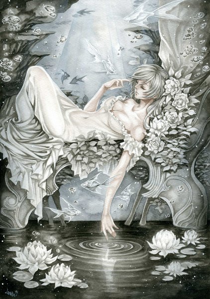 Anime picture 1258x1787 with original levin (artist) single long hair tall image fringe breasts large breasts bare shoulders cleavage white hair lying eyes closed underwater traditional media watercolor (medium) girl dress navel flower (flowers)