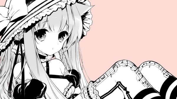 Anime picture 1890x1063 with original sakiyo cake single long hair looking at viewer fringe highres wide image bare shoulders animal ears braid (braids) cat ears monochrome pink background reclining girl thighhighs bow hair bow frills