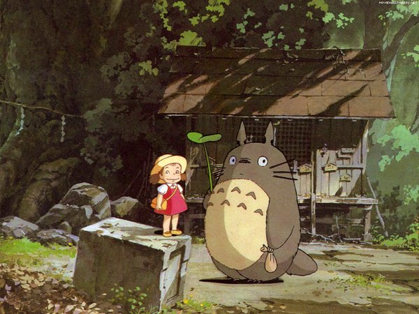 Anime picture 1024x768 with tonari no totoro studio ghibli totoro kusakabe mei single looking at viewer smile standing twintails brown eyes girl dress plant (plants) hat tree (trees) building (buildings) bag child (children) stone (stones) shoulder bag