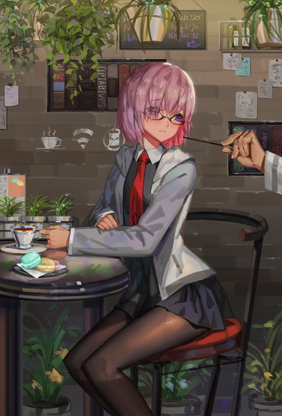 Anime picture 1000x1472 with fate (series) fate/grand order mash kyrielight fujimaru ritsuka (male) sk tori tall image blush fringe short hair sitting purple eyes holding looking away pink hair bent knee (knees) hair over one eye open jacket outstretched arm solo focus girl