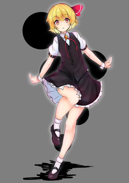 Anime picture 926x1310 with touhou rumia watari1118 single tall image short hair blonde hair red eyes standing full body bent knee (knees) grey background standing on one leg spread arms girl bow hair bow wrist cuffs