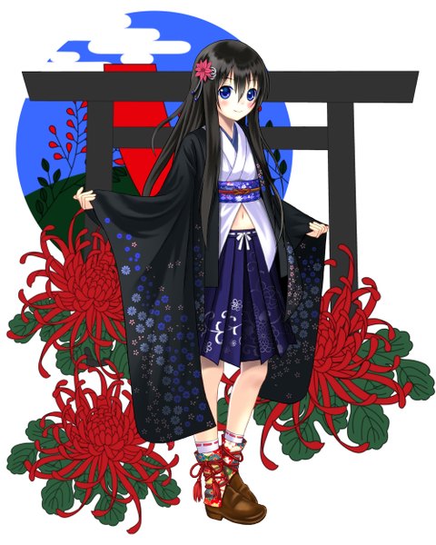 Anime picture 1000x1250 with original setona (daice) single long hair tall image looking at viewer blush blue eyes black hair white background traditional clothes japanese clothes girl hair ornament flower (flowers) shoes kimono obi