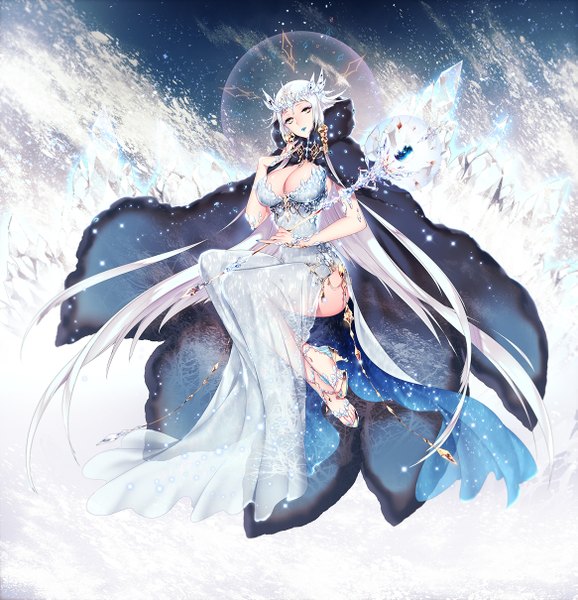 Anime picture 1165x1209 with original mirunai single tall image looking at viewer short hair breasts light erotic large breasts yellow eyes white hair from below snowing girl dress cape staff crown ice
