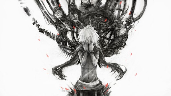 Anime picture 1244x700 with original toi (number8) single short hair simple background wide image white background white hair torn clothes monochrome mechanical hands on face boy bracelet