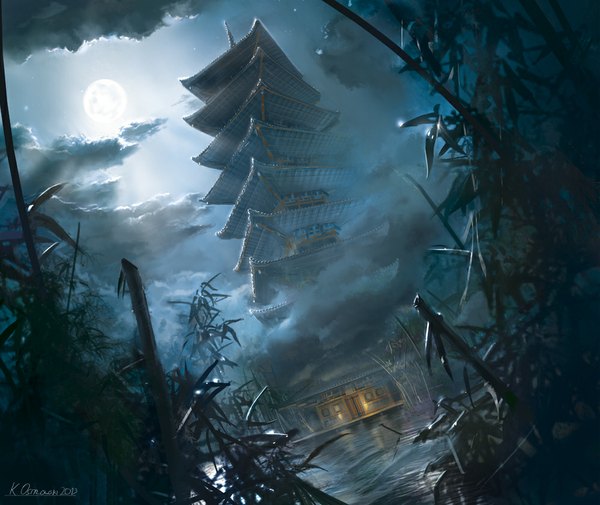 Anime picture 999x841 with original najtkriss (artist) cloud (clouds) night from below night sky light no people glow plant (plants) water building (buildings) moon full moon bamboo pagoda