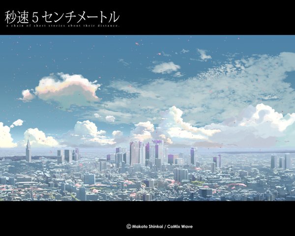 Anime picture 1280x1024 with 5 centimeters per second shinkai makoto sky cloud (clouds) city horizon cityscape no people scenic building (buildings)