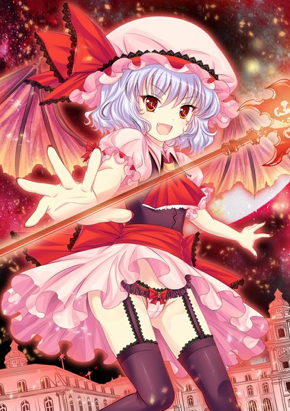 Anime picture 800x1131 with touhou remilia scarlet riyun single tall image looking at viewer blush short hair open mouth light erotic red eyes white hair teeth fang (fangs) girl thighhighs dress underwear panties weapon
