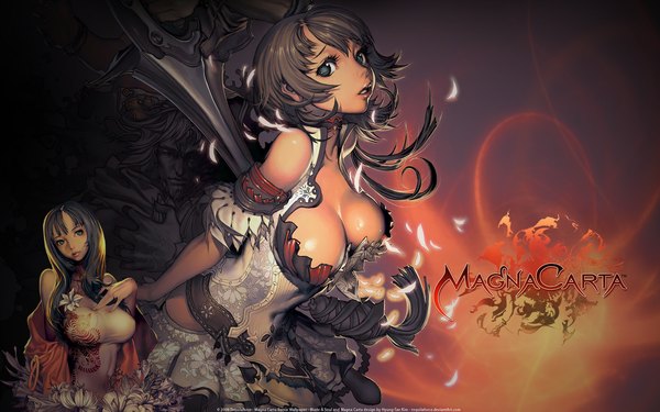 Anime picture 1920x1200 with blade & soul magna carta 2 magna carta zephie juto kim hyung tae tequilaforce (artist) long hair looking at viewer highres short hair breasts blue eyes light erotic black hair brown hair wide image large breasts multiple girls signed