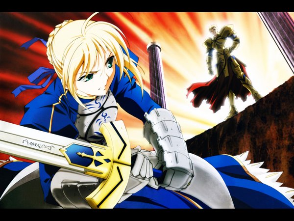 Anime picture 1600x1200 with fate (series) fate/stay night studio deen type-moon artoria pendragon (all) saber gilgamesh (fate) sword