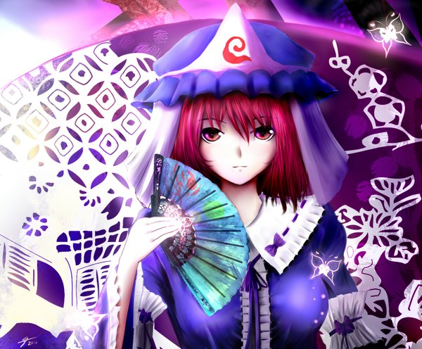 Anime picture 1500x1240 with touhou saigyouji yuyuko helrouis (artist) short hair red eyes red hair girl hat insect butterfly fan
