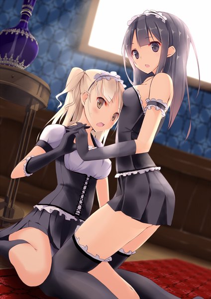 Anime picture 800x1131 with original moe2015 akesaka iku long hair tall image looking at viewer open mouth light erotic black hair blonde hair sitting multiple girls brown eyes maid grey eyes kneeling wariza girl thighhighs dress