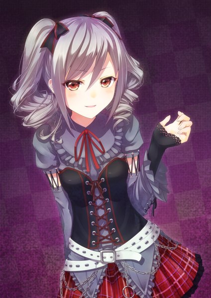 Anime picture 848x1200 with idolmaster idolmaster cinderella girls kanzaki ranko single long hair tall image looking at viewer blush open mouth red eyes grey hair drill hair awakened devil lord girl dress skirt bow hair bow belt