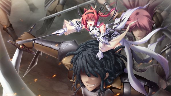 Anime picture 1280x720 with madou koukaku eushully long hair open mouth black hair wide image game cg red hair pink eyes battle giant girl dress boy weapon detached sleeves sword hairband