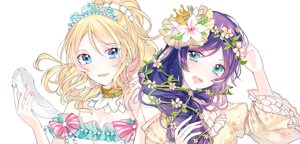Anime picture 909x437 with love live! school idol project sunrise (studio) love live! toujou nozomi ayase eli n n (vbdpsep) long hair looking at viewer blush fringe open mouth blue eyes blonde hair simple background hair between eyes wide image white background bare shoulders multiple girls purple hair