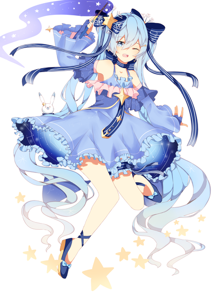 Anime picture 2480x3507 with vocaloid star night snow (vocaloid) hatsune miku yuki miku rabbit yukine yuki miku (2017) painterfish single tall image fringe highres open mouth blue eyes simple background hair between eyes white background twintails blue hair full body very long hair