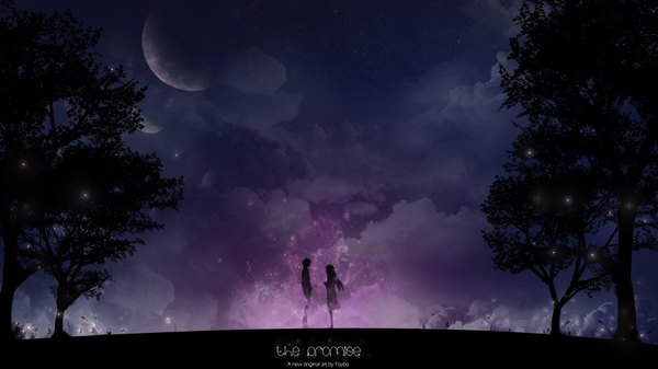 Anime picture 1920x1080 with original toyboj long hair highres wide image cloud (clouds) inscription night sky landscape scenic silhouette girl dress boy plant (plants) tree (trees) planet