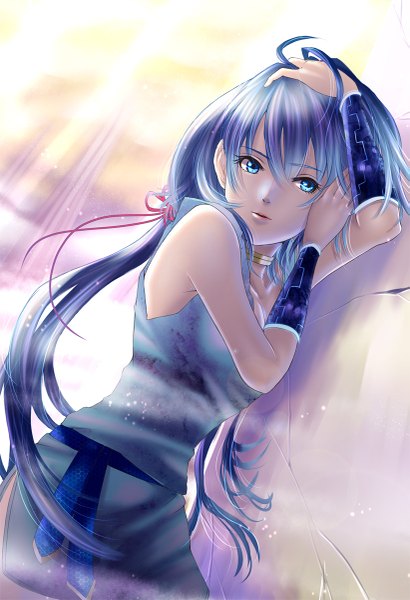 Anime picture 821x1200 with original time-flies (artist) single long hair tall image fringe breasts blue eyes large breasts standing twintails blue hair looking away sky cloud (clouds) sunlight adjusting hair sunbeam rock girl