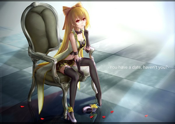 Anime picture 1100x777 with original wangchuan de quanyan single looking at viewer blonde hair red eyes sitting very long hair checkered floor girl thighhighs skirt gloves bow black thighhighs hair bow miniskirt petals black gloves armchair