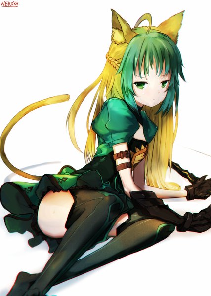 Anime picture 701x984 with fate (series) fate/grand order atalanta (fate) nekoya (liu) single long hair tall image looking at viewer fringe light erotic simple background blonde hair white background sitting green eyes signed animal ears payot full body ahoge