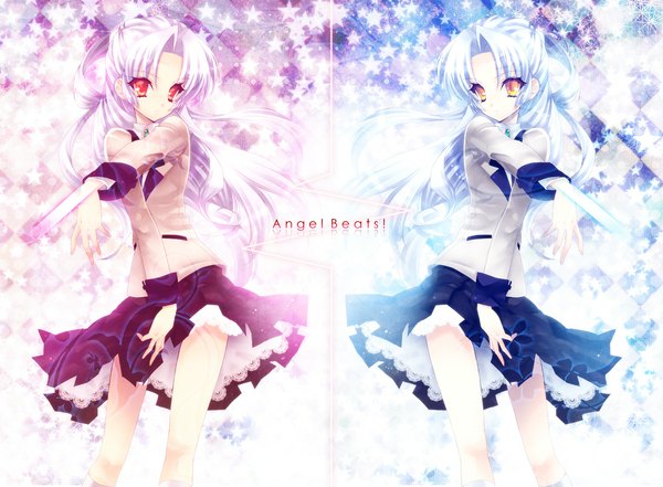 Anime picture 1091x803 with angel beats! key (studio) tachibana kanade die (pixiv 9477) long hair looking at viewer red eyes standing multiple girls yellow eyes payot white hair head tilt wind two side up legs copyright name lens flare outstretched arm expressionless