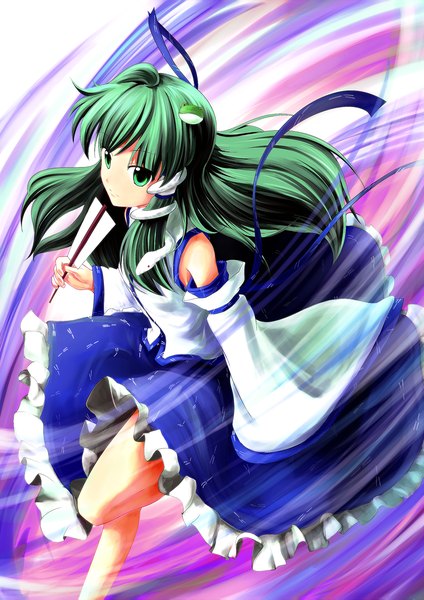 Anime picture 1500x2121 with touhou kochiya sanae nishimasa hito (artist) single long hair tall image bare shoulders green eyes green hair girl ribbon (ribbons) detached sleeves hair tubes