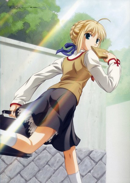 Anime picture 2839x4000 with fate (series) fate/stay night studio deen type-moon artoria pendragon (all) saber single long hair tall image highres blue eyes blonde hair ahoge looking back scan inscription mouth hold running girl skirt