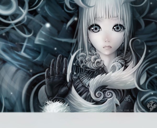 Anime picture 2506x2043 with original youtsuu single long hair looking at viewer highres grey hair grey background grey eyes girl gloves