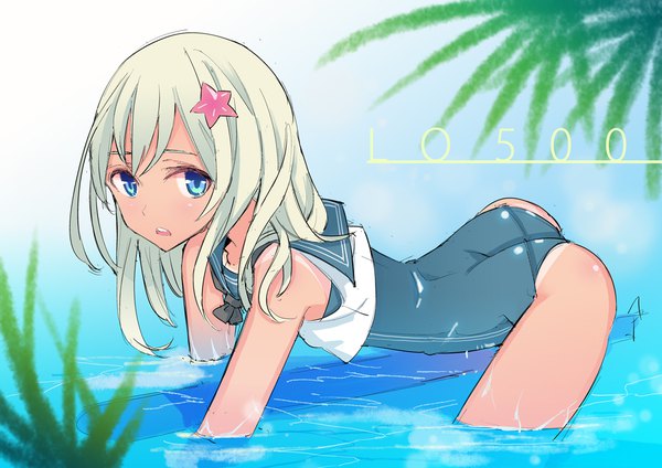 Anime picture 989x700 with kantai collection ro-500 submarine tajima ryuushi single long hair looking at viewer fringe blue eyes light erotic blonde hair hair between eyes ass character names partially submerged on all fours arched back sailor collar tan tan lines girl