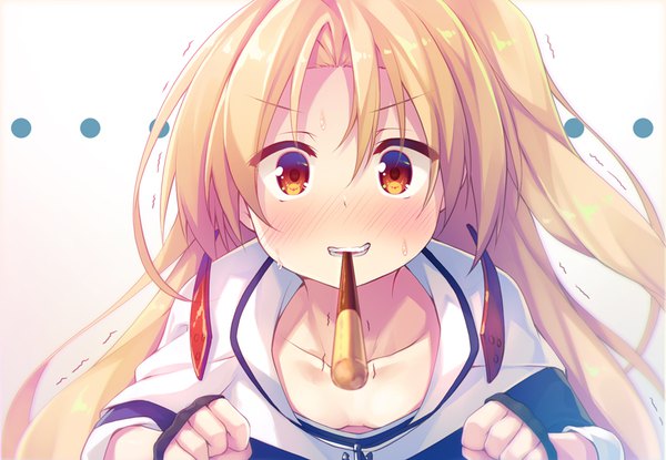 Anime picture 907x628 with azur lane cleveland (azur lane) masaki kei single long hair looking at viewer blush light erotic simple background blonde hair holding cleavage orange eyes sweat one side up mouth hold trembling incoming pocky kiss girl food