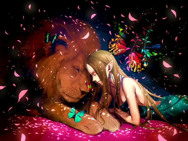 Anime picture 1400x1050 with original tayuya1130 single long hair brown hair lying eyes closed light smile pointy ears on stomach girl animal petals insect butterfly lion