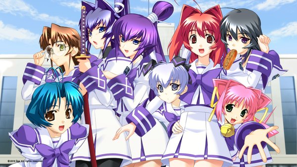 Anime picture 1920x1080 with muv-luv highres black hair red eyes brown hair wide image purple eyes multiple girls brown eyes green eyes blue hair pink hair purple hair red hair group 6+ girls 8 girls girl uniform school uniform