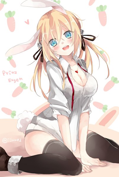 Anime picture 700x1041 with kantai collection prinz eugen (kantai collection) shijima (sjmr02) single long hair tall image blush open mouth blue eyes light erotic blonde hair hair between eyes sitting twintails animal ears bent knee (knees) tail head tilt animal tail bunny ears