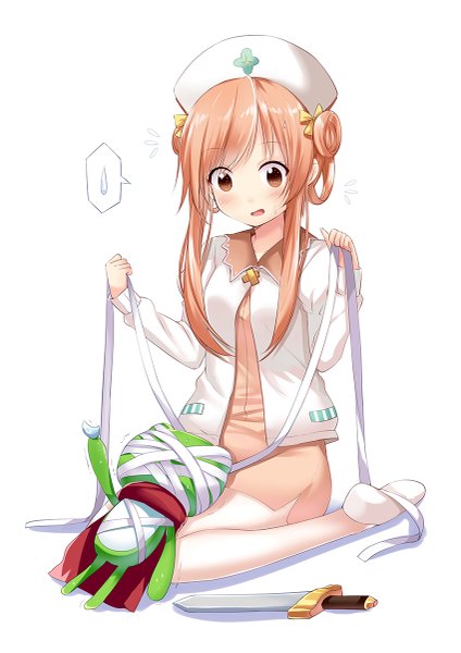 Anime picture 849x1200 with aixioo long hair tall image blush fringe open mouth simple background white background sitting looking away long sleeves orange hair hair bun (hair buns) orange eyes girl weapon sword toy cloak bandage (bandages)