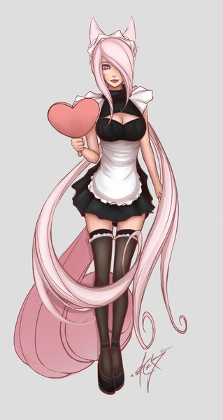 Anime picture 2500x4700 with original leaya (zackargunov) zackargunov single tall image looking at viewer fringe highres breasts simple background purple eyes pink hair very long hair lips hair over one eye grey background maid girl thighhighs uniform
