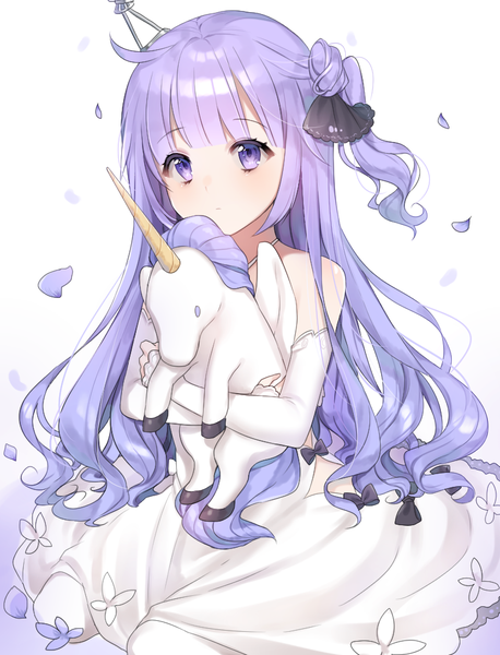 Anime picture 778x1020 with azur lane unicorn (azur lane) moffle (ayabi) single long hair tall image fringe simple background white background sitting purple eyes bare shoulders looking away purple hair blunt bangs side ponytail girl dress detached sleeves petals