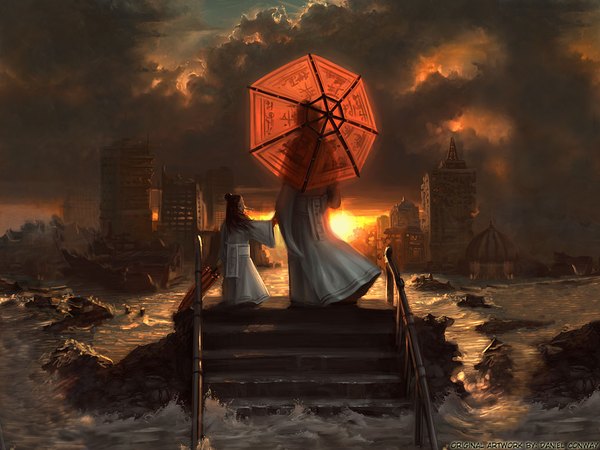 Anime picture 1024x768 with arcipello long hair black hair sky cloud (clouds) japanese clothes from behind city holding hands evening sunset ruins girl water kimono building (buildings) umbrella stairs child (children)
