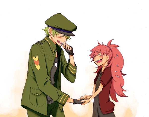 Anime picture 1500x1183 with happy tree friends flippy flaky tatsunokotarou (artist) long hair blush short hair smile pink hair ponytail eyes closed green hair open clothes open shirt holding hands military personification laughing girl boy