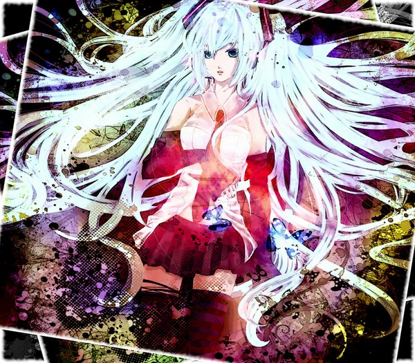 Anime picture 1440x1261 with vocaloid hatsune miku rei (pixiv399491) long hair white hair girl thighhighs necktie microphone