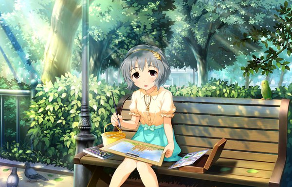 Anime picture 1280x824 with idolmaster idolmaster cinderella girls idolmaster cinderella girls starlight stage narumiya yume single looking at viewer blush short hair brown eyes grey hair girl dress plant (plants) animal tree (trees) bird (birds) bench pigeon